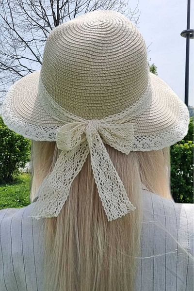 Mood Agenda Women's Bohemian Style Lace Detailed Summer Straw Beach Hat