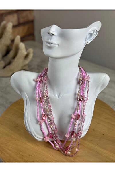 SEDEF TAKI Pembe kuvars ve akik taşlı kolye