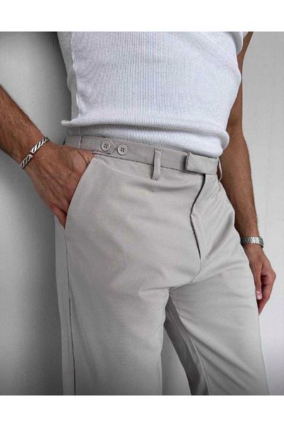 JACK CAPRİO Men's Side Button Belt Detailed Italian Cut Fabric Trousers