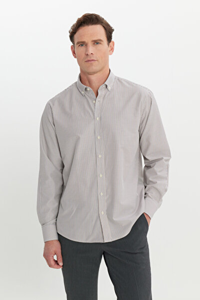 AC&Co / Altınyıldız Classics Men's Beige Cotton Comfort Fit Relaxed Cut Button Collar Striped Shirt
