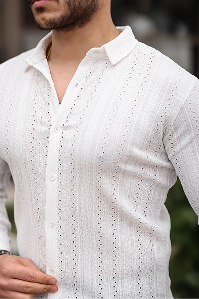 ZİNOX Men's Long Sleeve Cross Hole Special Design Pattern Knitted Fabric Regular Fit Shirt