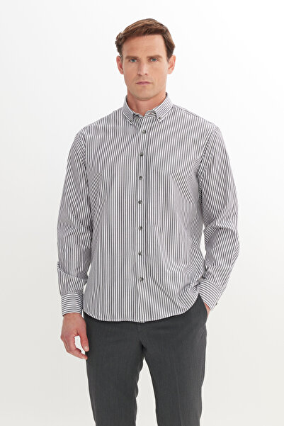 AC&Co / Altınyıldız Classics Men's Khaki Cotton Comfort Fit Relaxed Cut Button Collar Striped Shirt