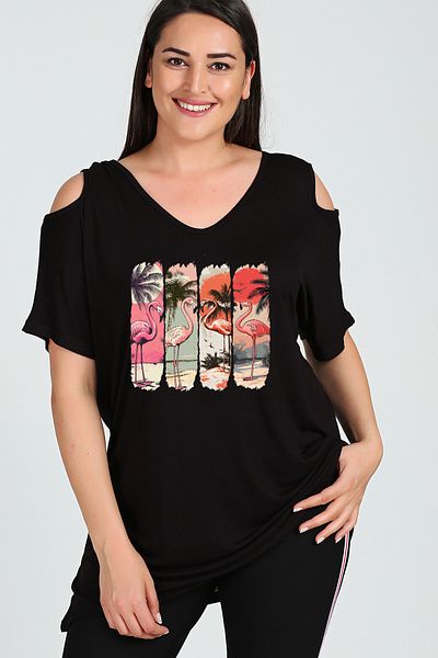 Curvy Trend Large Size Flamingo Printed Shoulder V Window Short Sleeve Blouse