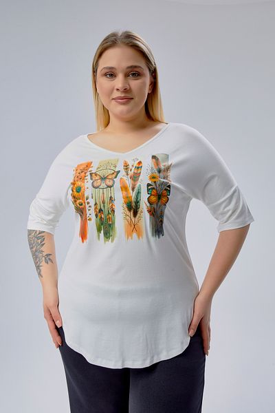 Curvy Trend Μπλούζα με σκίσιμο στο πλάι με μισό μανίκι με στάμπα Bohemian Butterfly