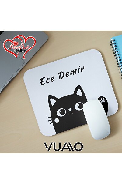 VUAO Kişiye Özel İsimli ve Kedi Temalı Mouse Pad 21x17 cm, Kaymaz Taban - Bas...