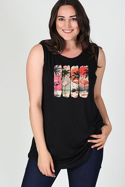 Curvy Trend Large Size Flamingo Printed Sleeveless Viscose Basic Blouse