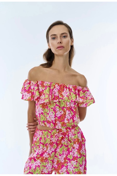 Tumtum Wear Floral Print Elastic Adjustable Sleeve Ruffle Blouse
