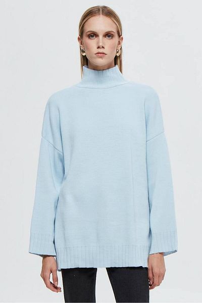 Vorondolo Knitwear Blue Oversize Turtleneck Women's Sweater