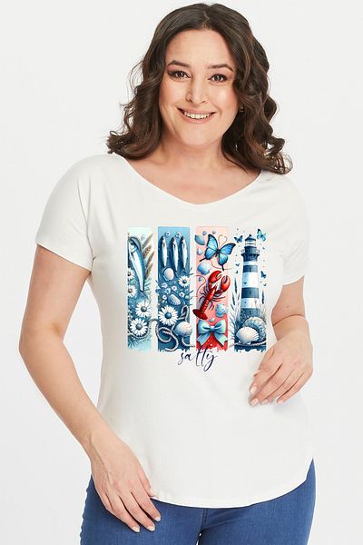 Curvy Trend Plus Size Lighthouse Salty Wide V-Neck Short Sleeve Oval Slit Blouse