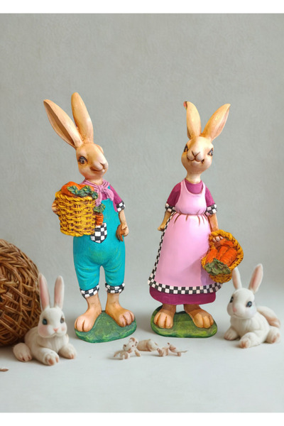 İki Cadı Tasarım Bahçe Çiftçi Tavşan Set 62cm Heykel Biblo Dekoratif Bahçe Obje