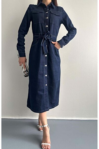 QİMYA BUTİK Levure Women's Long Sleeve Belted Long Length Denim Dress