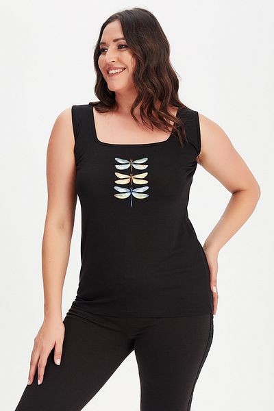 Curvy Trend Large Size Dragonfly Printed Square Neck Thick Strap Tank Top Blouse