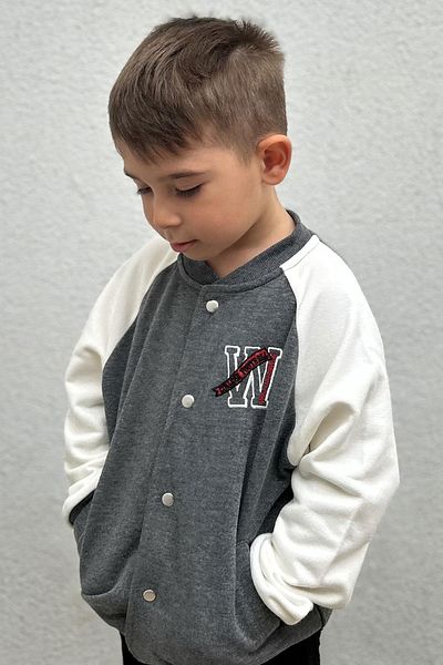Breeze Boy's College Jacket with Letter Embroidery and Snap Fasteners Age 3-7, Gray Melange