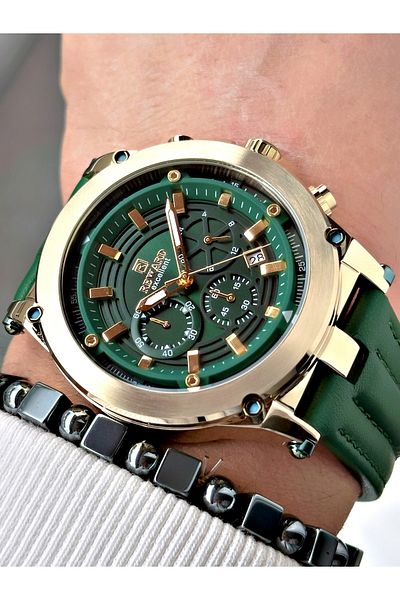 Reward Green Color Leather Cord Steel Case Function Men's Wrist Watch + Bracelet