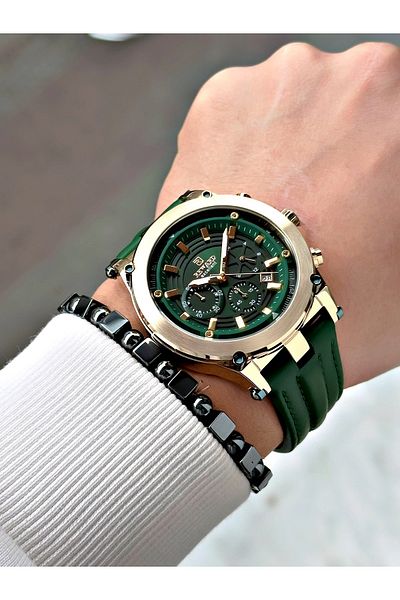 Reward Green Color Leather Cord Steel Case Function Men's Wrist Watch + Bracelet