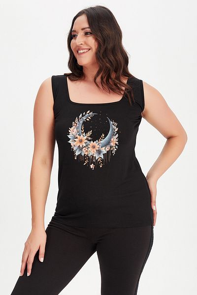 Curvy Trend Large Size Boho Crescent Printed Square Neck Thick Strap Tank Top Blouse