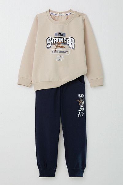 Breeze Beige Text Printed Boy's Tracksuit Suit 2-6 Years
