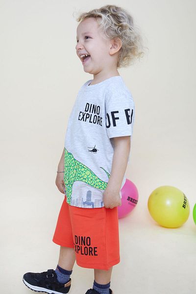 Breeze Boys' Shorts Set Strong Dinosaur Printed 2-6 Years Old, Light Gray Melange
