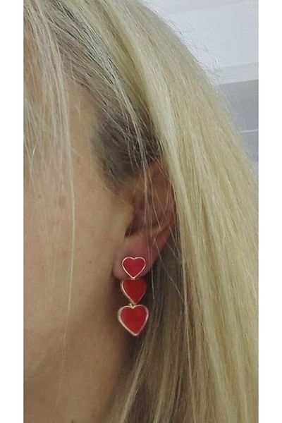 mos&more Red Enamel Triple Heart Women's Earrings