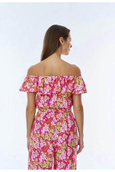 Tumtum Wear Floral Print Elastic Adjustable Sleeve Ruffle Blouse