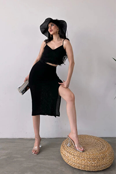 Fav Style Women's Black Strappy V-Neck Crop Blouse and Midi Skirt Top-Bottom Set