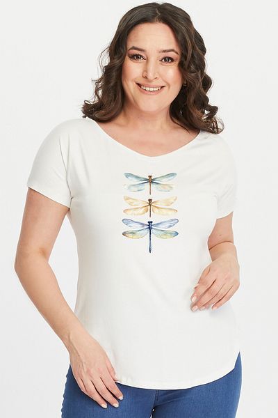 Curvy Trend Plus Size Dragonfly Printed Wide V-Neck Short Sleeve Oval Slit Blouse