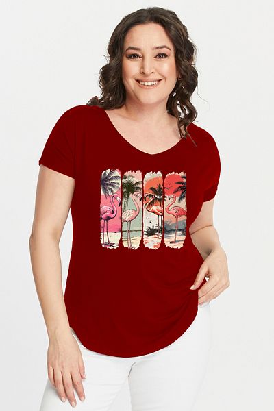 Curvy Trend Plus Size Flamingo Printed Wide V-Neck Short Sleeve Oval Slit Blouse