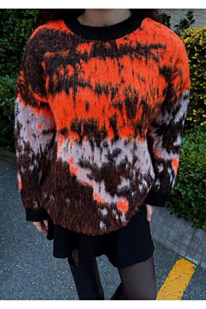 Anastasias Atelier FREY Kadın Turuncu Siyah Beyaz Desenli Bisiklet Yaka Overs...