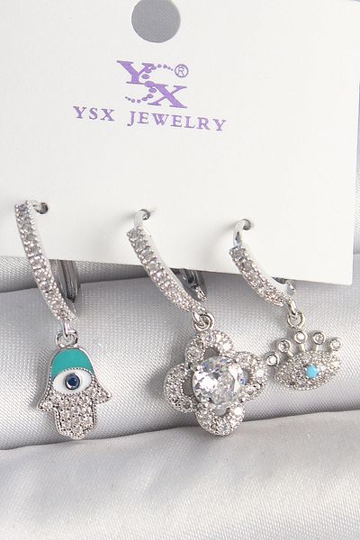 E BULURUM Brass Silver Color Zircon Stone Fatma Mother Clover Figure Eye Detail 3-Piece Women's Combination Earrings