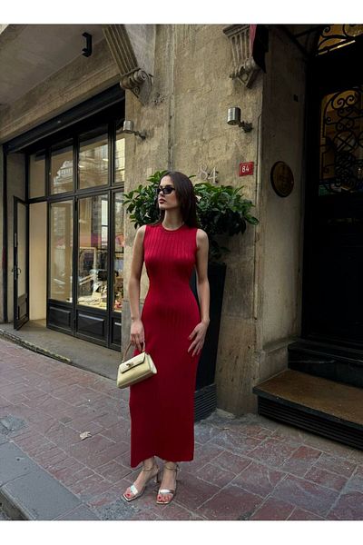 Lusin Women's Red Corded Sleeveless Summer Fabric Long Knitwear Dress