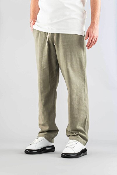 bombe Ανδρικό παντελόνι Khaki Comfortable Fit Bagy Παντελόνι με λινό ζωσμένο κορδόνι από μαλακό ύφασμα