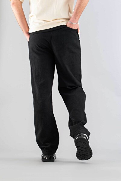 bombe Men's Black Comfortable Fit Trousers Linen Belted Drawstring Soft Fabric Sports Sweatpants