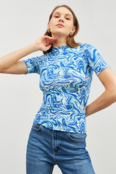 Bukamiss Women's Blue Marbling Patterned Short Sleeve Blouse