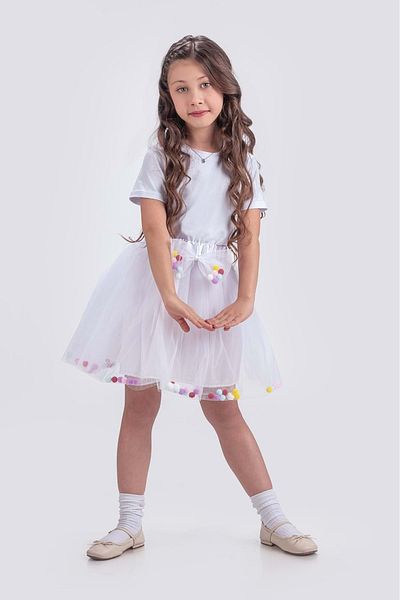 Mnk Baby&Kids Fusta de sărbători pentru fete cu accesorii pompon M00726 Alb