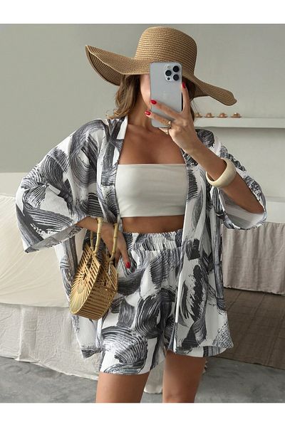 only moon Women's Clothing Bürümcük Fabric Kimono Shorts Set, Bottom Top Set,