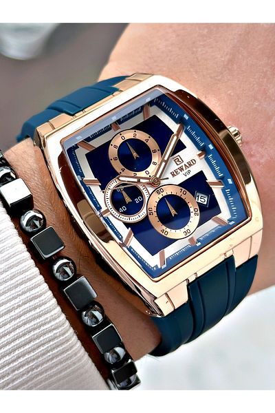 Reward Navy Blue Color Square Sports Functions Active Men's Wrist Watch + Bracelet