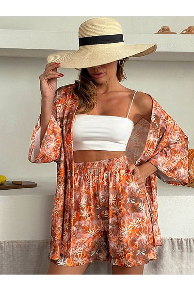 only moon Women's Clothing Bürümcük Fabric Kimono Shorts Set, Bottom Top Set,