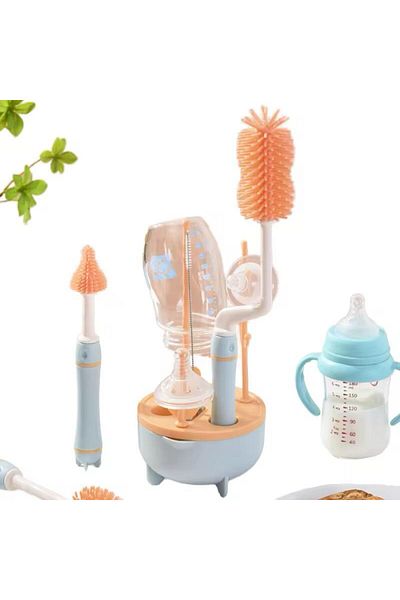 essentialneedsforall SILICON BABY BOTTLE BRUSH CLEANER SET,7 PIECESWITH STAND, 360" ROTATING, STRAW AND NIPPLE BRUSH