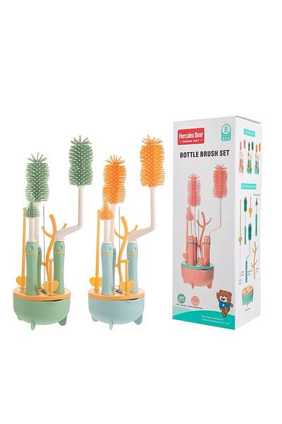 essentialneedsforall SILICON BABY BOTTLE BRUSH CLEANER SET,7 PIECESWITH STAND, 360" ROTATING, STRAW AND NIPPLE BRUSH