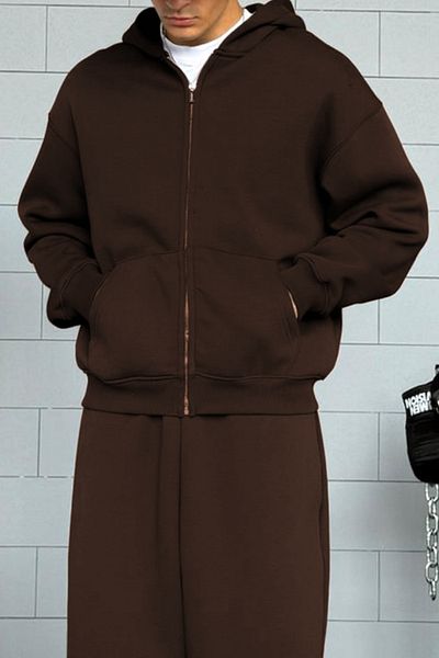 ruNadeS Men's Brown Three Thread Fabric Zippered Hooded Cardigan