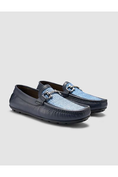 Cabani 100% Genuine Leather Navy Blue Knitted Detailed Men's Loafer