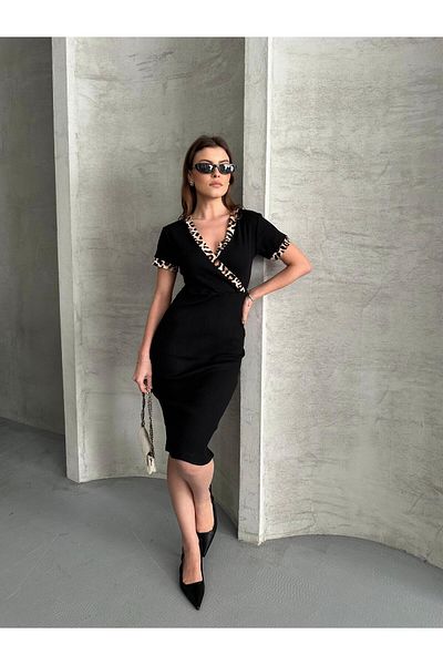 Butik Merrline Women Black V Neck Short Sleeve Knee Length Elegant Stylish Casual Dress