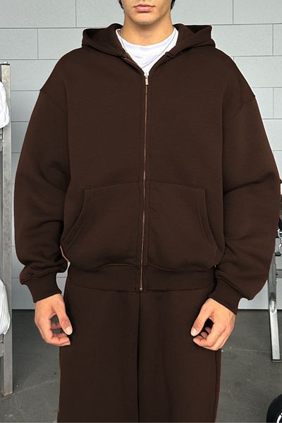 ruNadeS Men's Brown Three Thread Fabric Zippered Hooded Cardigan