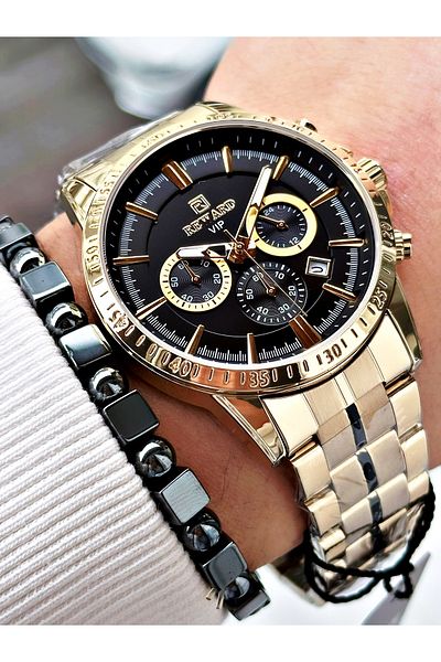 Reward Gold Color Functions Active Mid-Strip Steel Cord Men's Wrist Watch + Bracelet