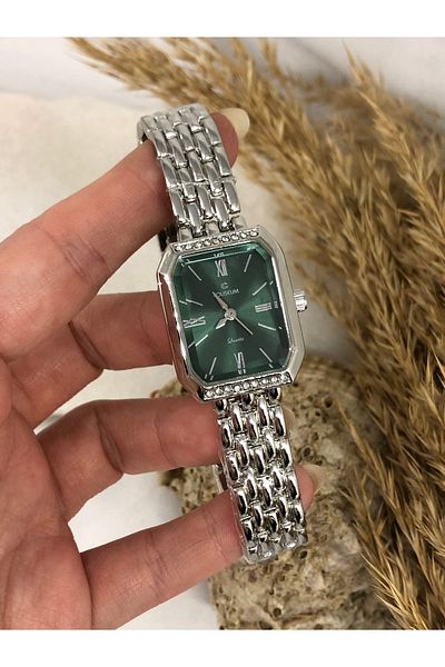 TD TRENDDURAGI Rectangular Tiny Stone Silver Inside Green Women's Wristwatch