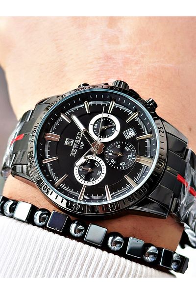 Reward Black Color Functions Active Mid-Strip Steel Cord Men's Wrist Watch + Bracelet