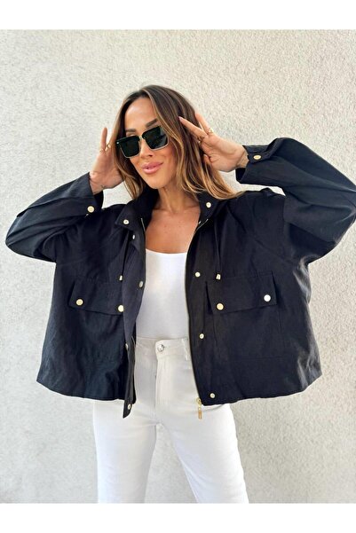 QİMYA BUTİK 4S WOMEN Kadın İri Cepli Reglan Kol Kapüşonlu Oversize İnce MONT