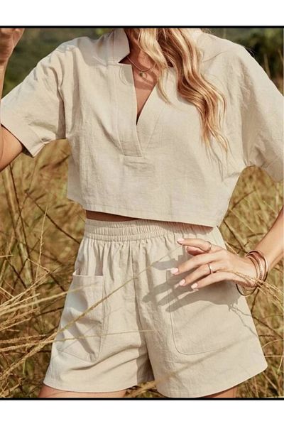 Cisa Design Women's Bat Sleeve Pocket Elastic Waist Shorts Suit