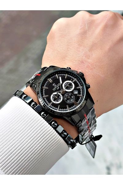 Reward Black Color Functions Active Mid-Strip Steel Cord Men's Wrist Watch + Bracelet
