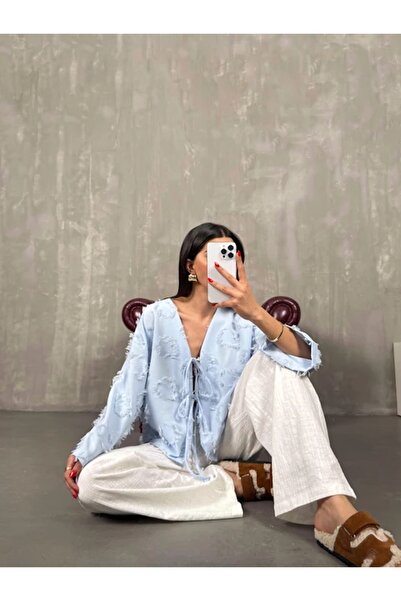 Lusin Women's Blue Tassel Detailed Tie-Up Premium Linen Shirt